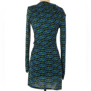 Zara - Women’s Long Sleeve Geometric Mock Neck Bodycon Mini - Green/Blue - Large